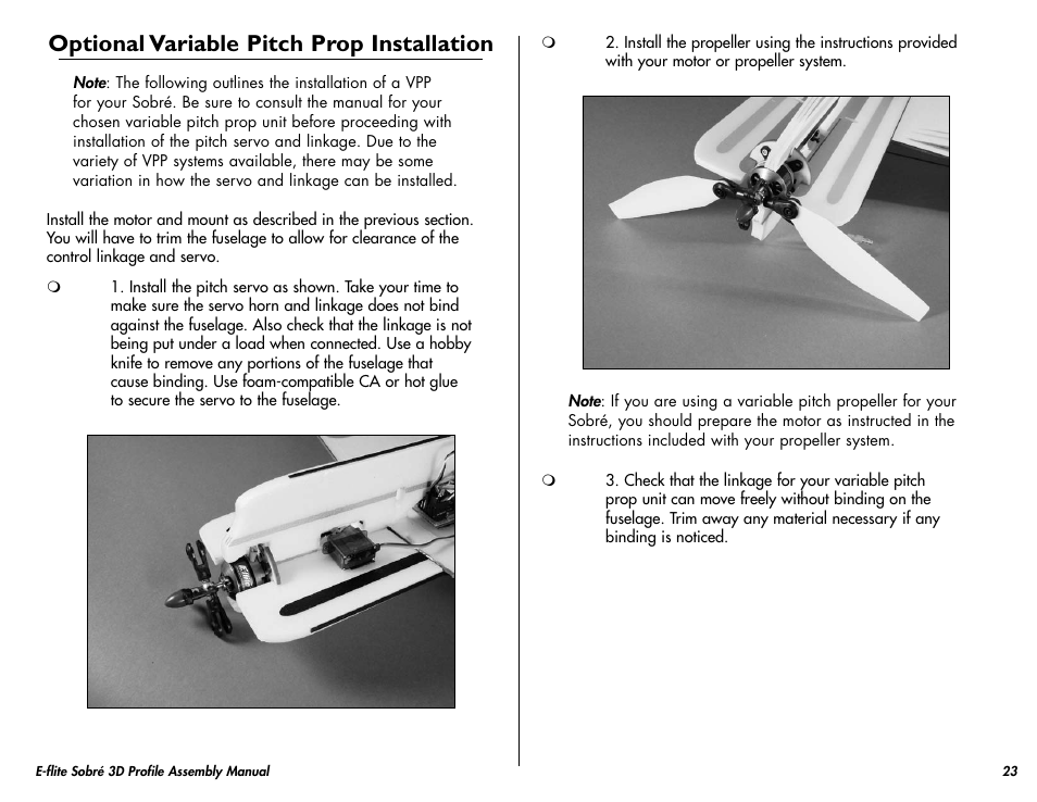 Optional variable pitch prop installation | E-flite Sobre 3D Profile User Manual | Page 23 / 32