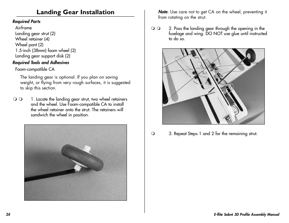 Landing gear installation | E-flite Sobre 3D Profile User Manual | Page 24 / 32