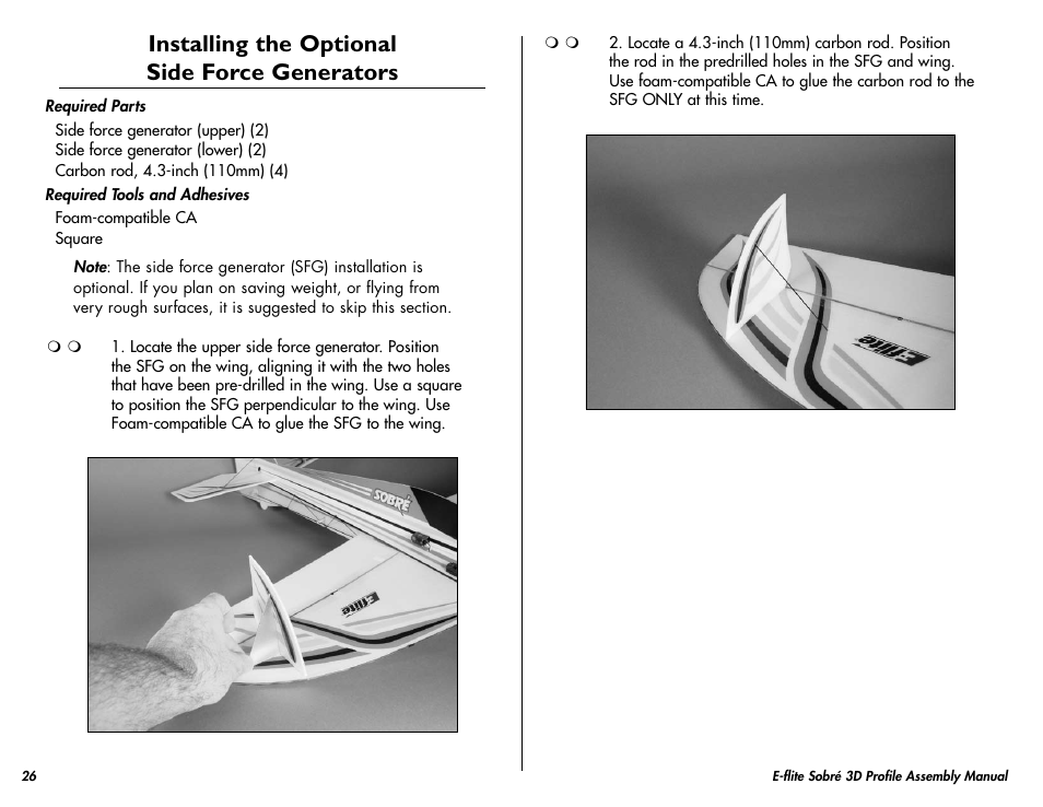 Installing the side force generators, Installing the optional side force generators | E-flite Sobre 3D Profile User Manual | Page 26 / 32