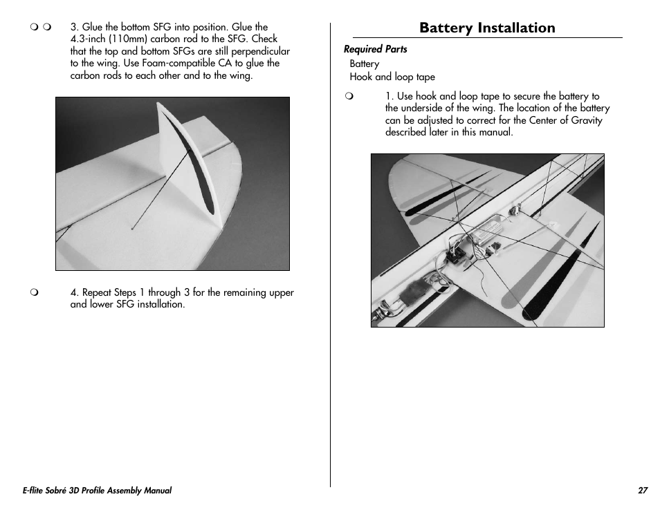 Battery installation | E-flite Sobre 3D Profile User Manual | Page 27 / 32