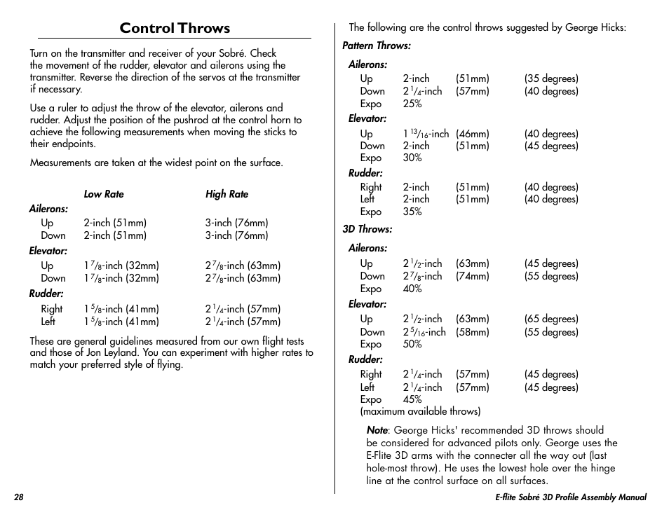 Control throws, Center of gravity | E-flite Sobre 3D Profile User Manual | Page 28 / 32