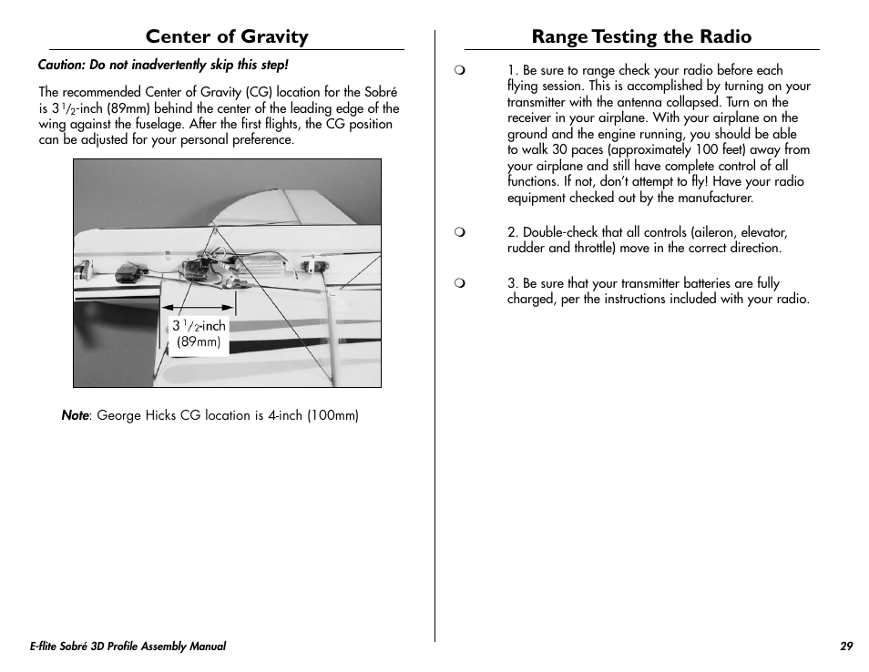 Range testing the radio, Preflight, Center of gravity | E-flite Sobre 3D Profile User Manual | Page 29 / 32