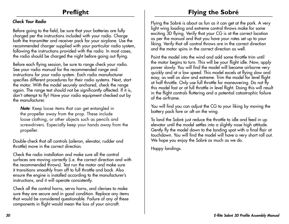 Flying the sobré, Preflight | E-flite Sobre 3D Profile User Manual | Page 30 / 32