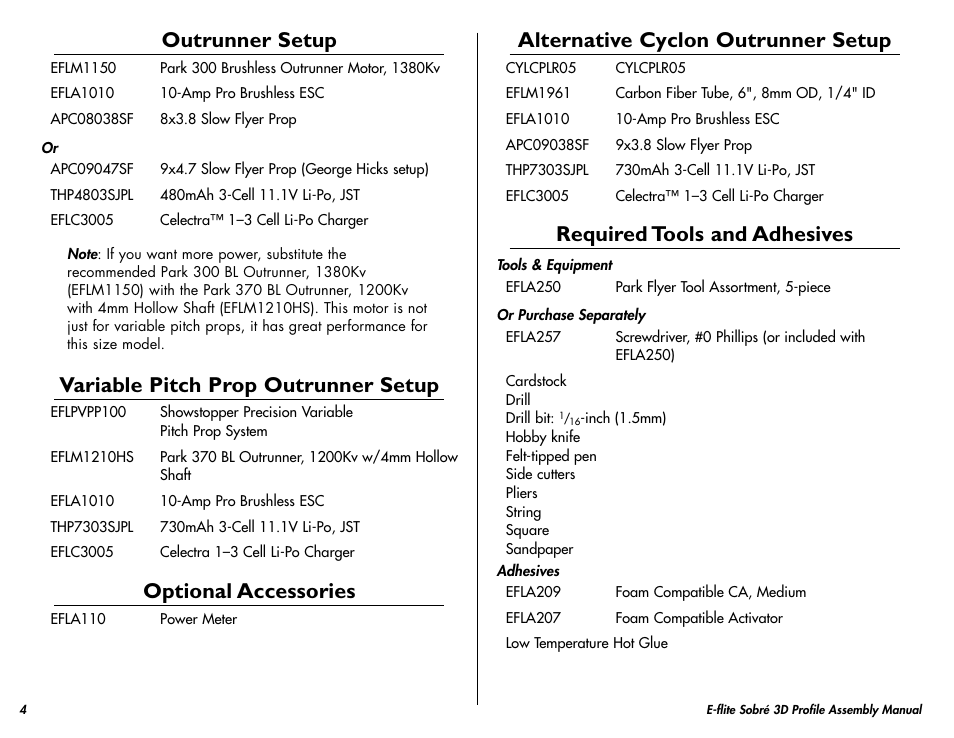 Outrunner setup, Variable pitch prop outrunner setup, Optional accessories | Note on lithium polymer batteries, Required tools and adhesives, Alternative cyclon outrunner setup | E-flite Sobre 3D Profile User Manual | Page 4 / 32