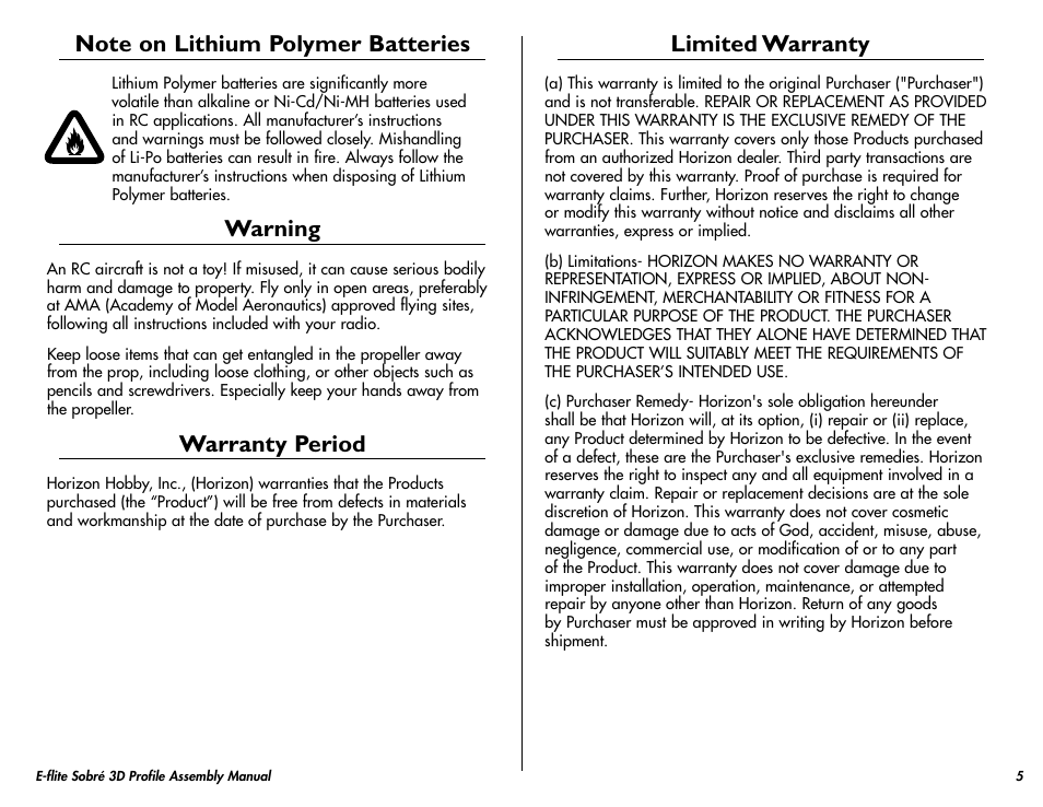 Warning, Warranty period, Limited warranty | E-flite Sobre 3D Profile User Manual | Page 5 / 32