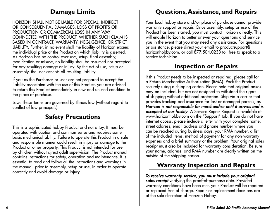 Damage limits, Safety precautions, Questions, assistance, and repairs | Inspection or repairs, Warranty inspection and repairs | E-flite Sobre 3D Profile User Manual | Page 6 / 32