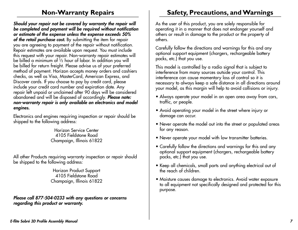 Non-warranty repairs, Safety, precautions, and warnings | E-flite Sobre 3D Profile User Manual | Page 7 / 32