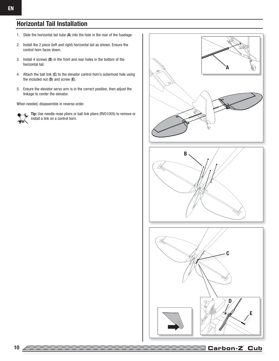 Horizontal tail installation | E-flite Carbon-Z Cub PNP User Manual | Page 10 / 27