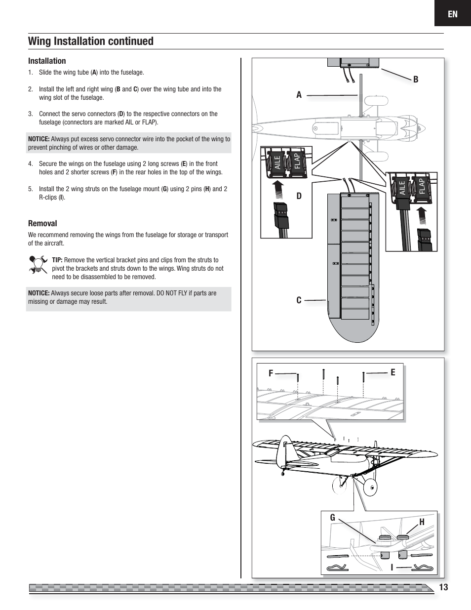 Wing installation continued | E-flite Carbon-Z Cub PNP User Manual | Page 13 / 27