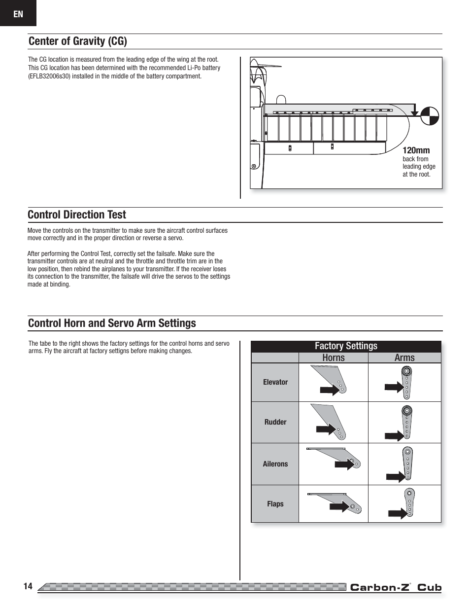 Center of gravity (cg), Control direction test, Control horn and servo arm settings | E-flite Carbon-Z Cub PNP User Manual | Page 14 / 27