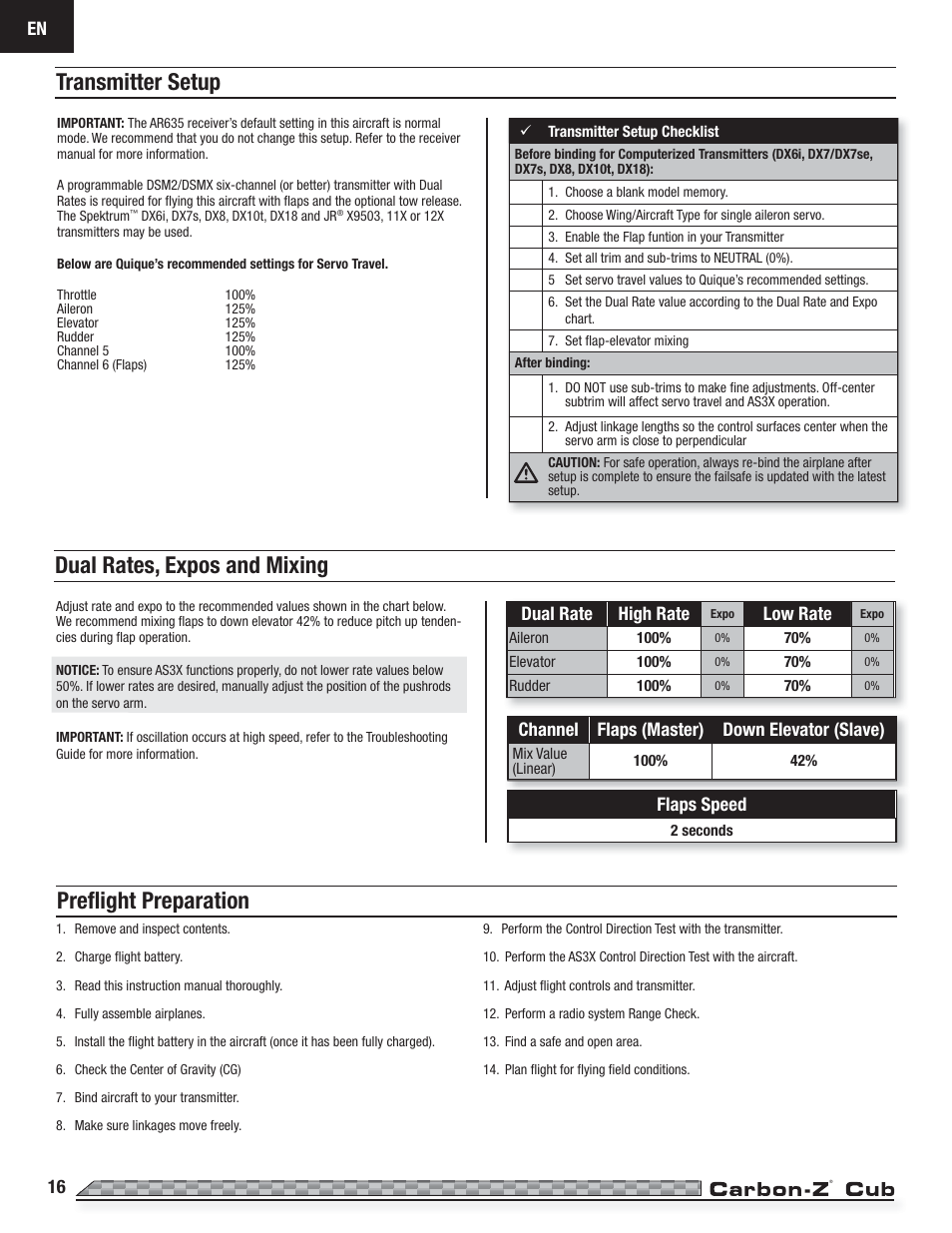 Transmitter setup, Dual rates, expos and mixing, Preﬂ ight preparation | Dual rate high rate, Low rate, Channel flaps (master) down elevator (slave), Flaps speed | E-flite Carbon-Z Cub PNP User Manual | Page 16 / 27
