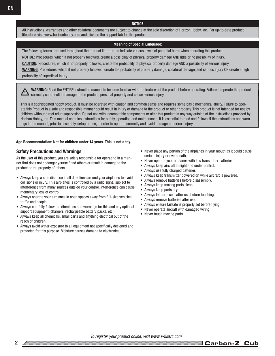 E-flite Carbon-Z Cub PNP User Manual | Page 2 / 27