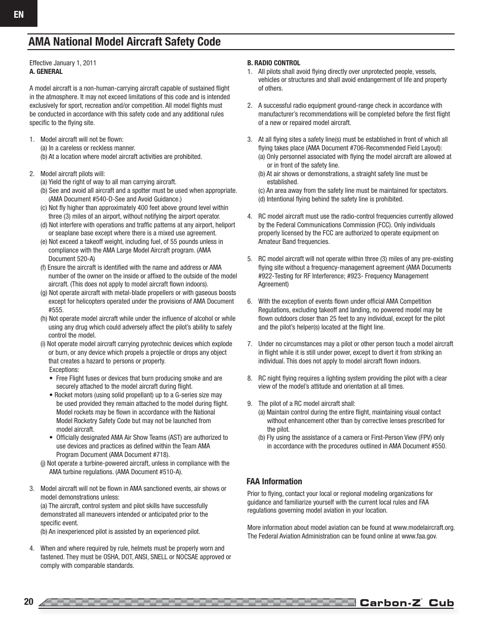Ama national model aircraft safety code | E-flite Carbon-Z Cub PNP User Manual | Page 20 / 27