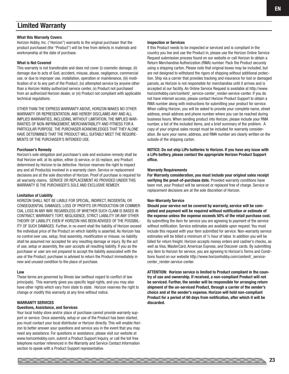 Limited warranty | E-flite Carbon-Z Cub PNP User Manual | Page 23 / 27
