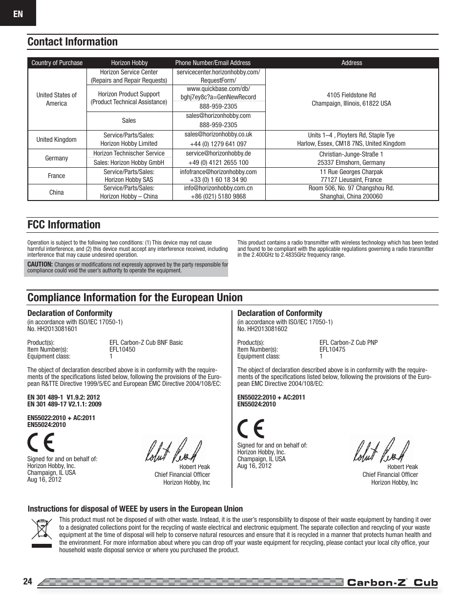 Fcc information | E-flite Carbon-Z Cub PNP User Manual | Page 24 / 27