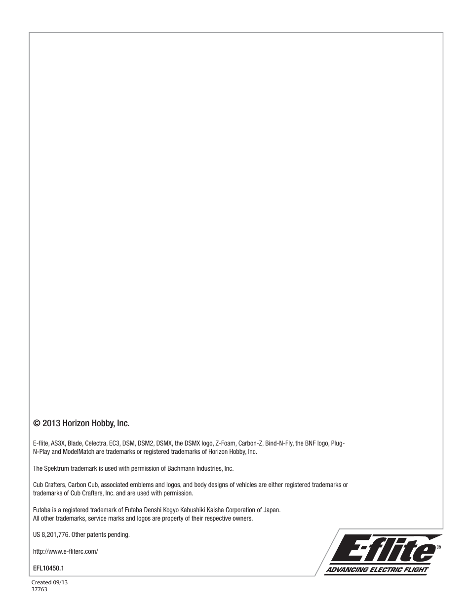 2013 horizon hobby, inc | E-flite Carbon-Z Cub PNP User Manual | Page 27 / 27