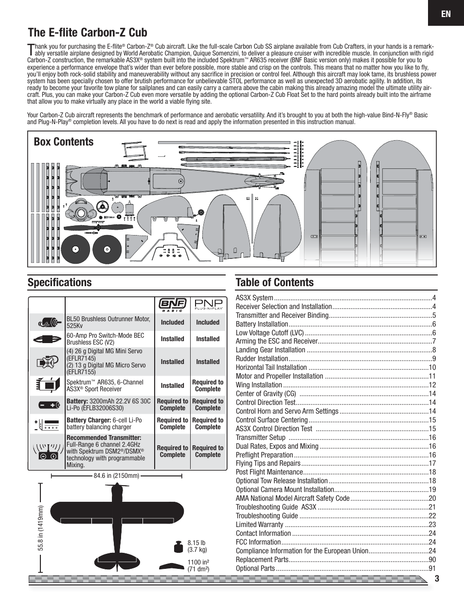 The e-flite carbon-z cub, Table of contents speciﬁ cations, Box contents | E-flite Carbon-Z Cub PNP User Manual | Page 3 / 27