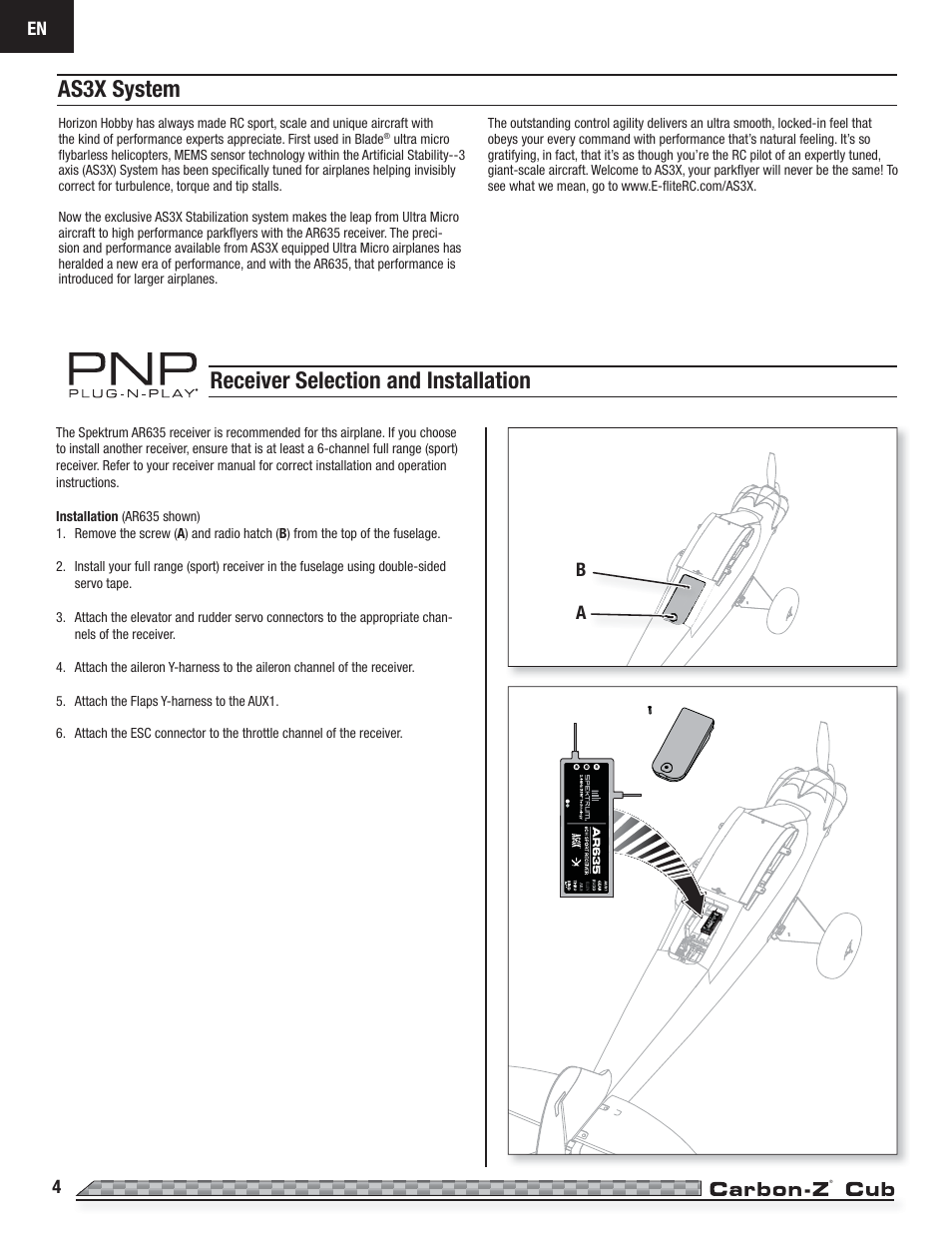 As3x system, Receiver selection and installation | E-flite Carbon-Z Cub PNP User Manual | Page 4 / 27