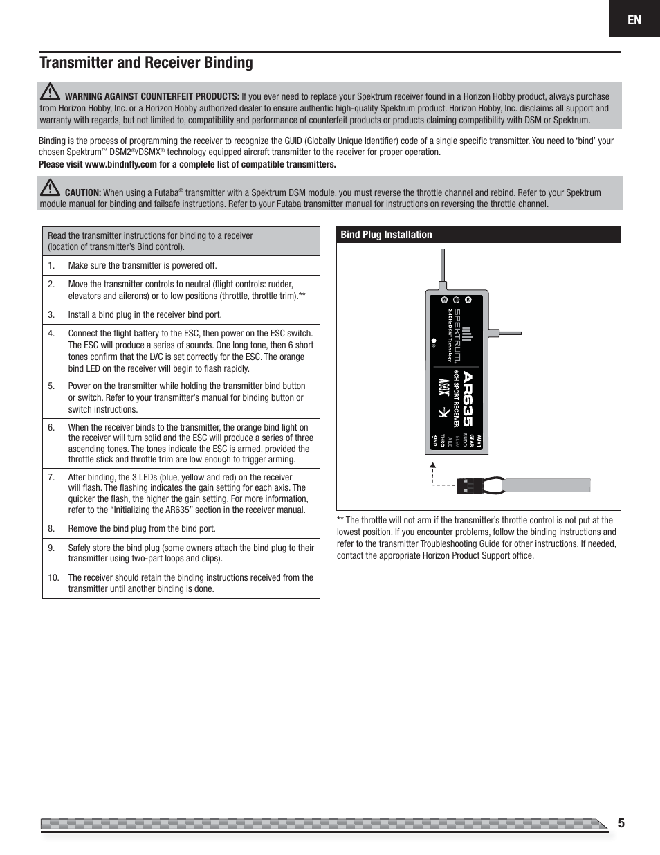Transmitter and receiver binding | E-flite Carbon-Z Cub PNP User Manual | Page 5 / 27
