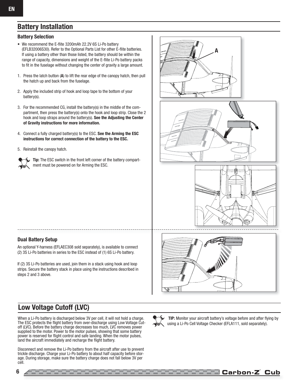 Low voltage cutoff (lvc) battery installation | E-flite Carbon-Z Cub PNP User Manual | Page 6 / 27