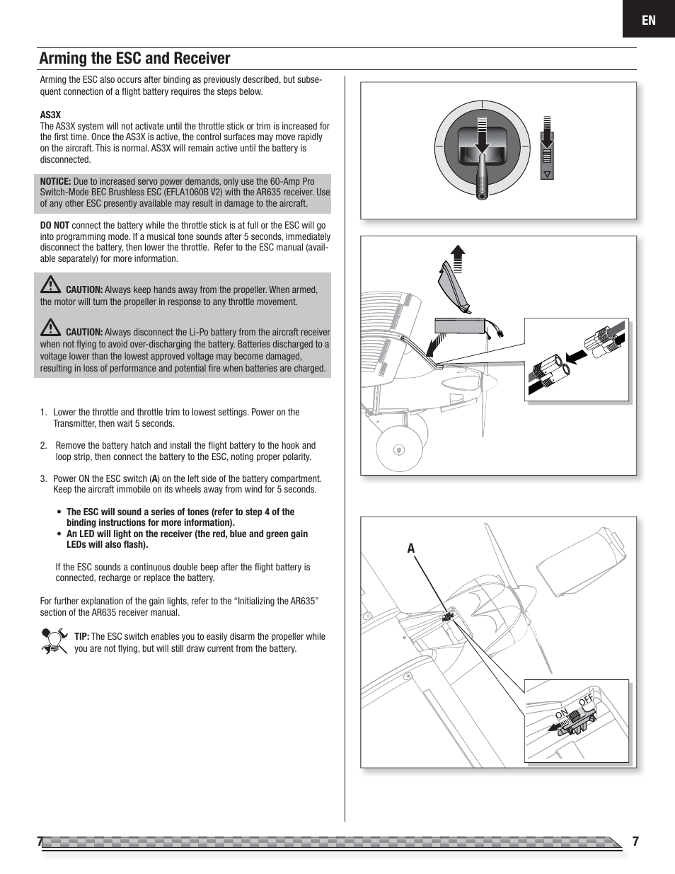 Arming the esc and receiver | E-flite Carbon-Z Cub PNP User Manual | Page 7 / 27