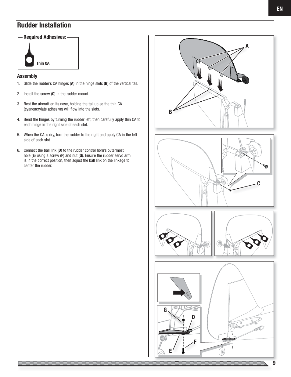 Rudder installation | E-flite Carbon-Z Cub PNP User Manual | Page 9 / 27
