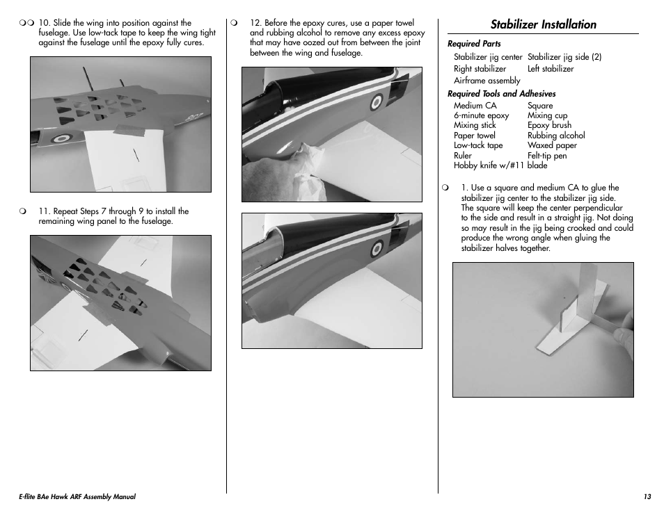 Stabilizer installation | E-flite BAe Hawk 15 DF ARF User Manual | Page 13 / 36