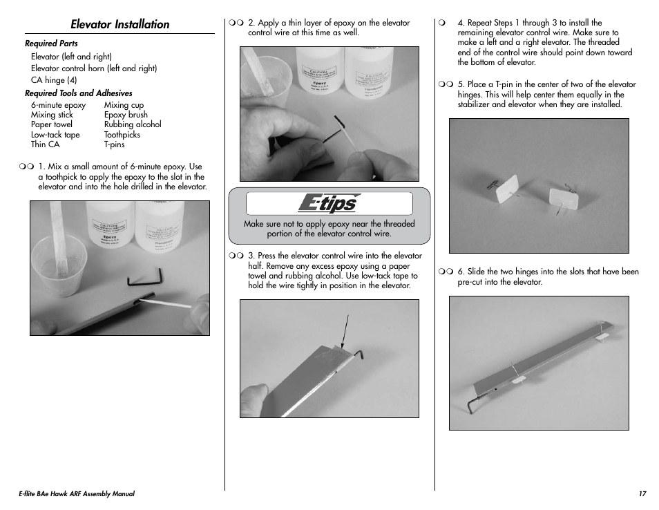 Elevator installation | E-flite BAe Hawk 15 DF ARF User Manual | Page 17 / 36