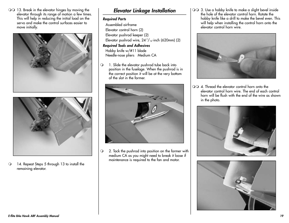 Elevator linkage installation | E-flite BAe Hawk 15 DF ARF User Manual | Page 19 / 36