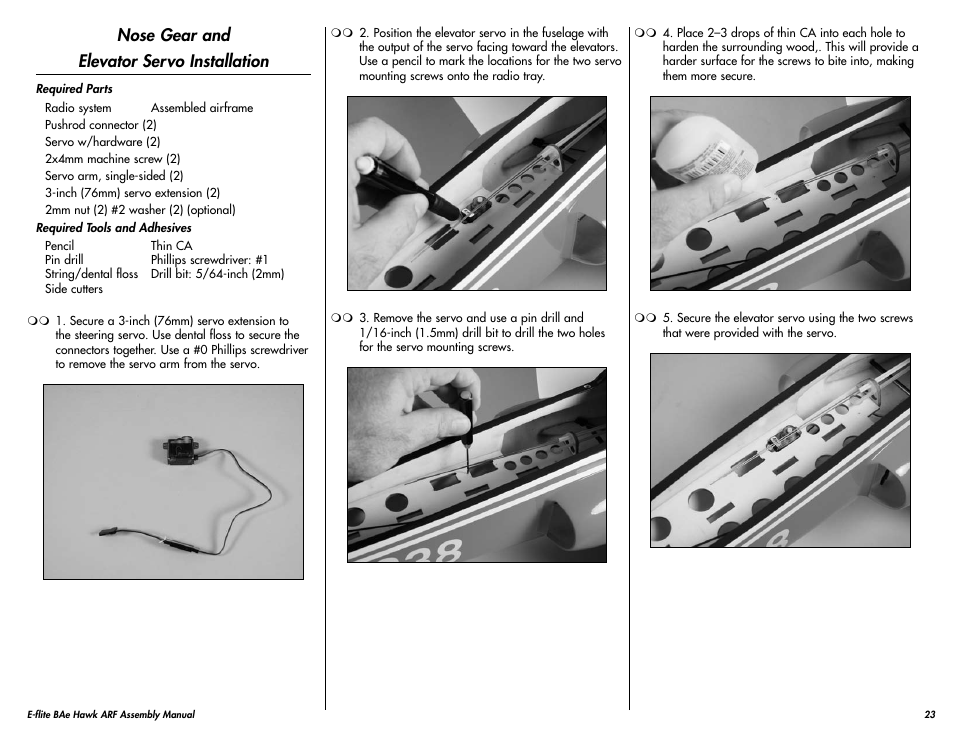 Nose gear and elevator servo installation | E-flite BAe Hawk 15 DF ARF User Manual | Page 23 / 36