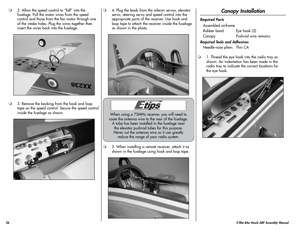 Canopy installation | E-flite BAe Hawk 15 DF ARF User Manual | Page 26 / 36