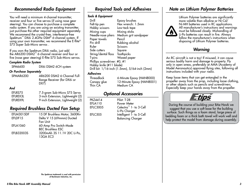 Recommended radio equipment, Required tools and adhesives, Optional accessories | Required brushless ducted fan setup, Note on lithium polymer batteries, Warning | E-flite BAe Hawk 15 DF ARF User Manual | Page 3 / 36