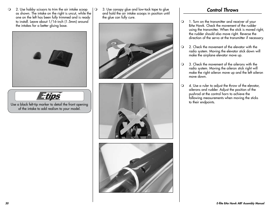 Control throws | E-flite BAe Hawk 15 DF ARF User Manual | Page 30 / 36