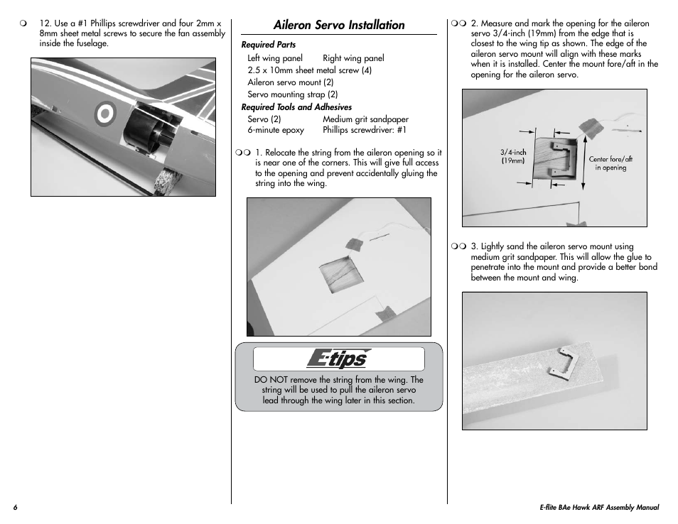 Aileron servo installation | E-flite BAe Hawk 15 DF ARF User Manual | Page 6 / 36