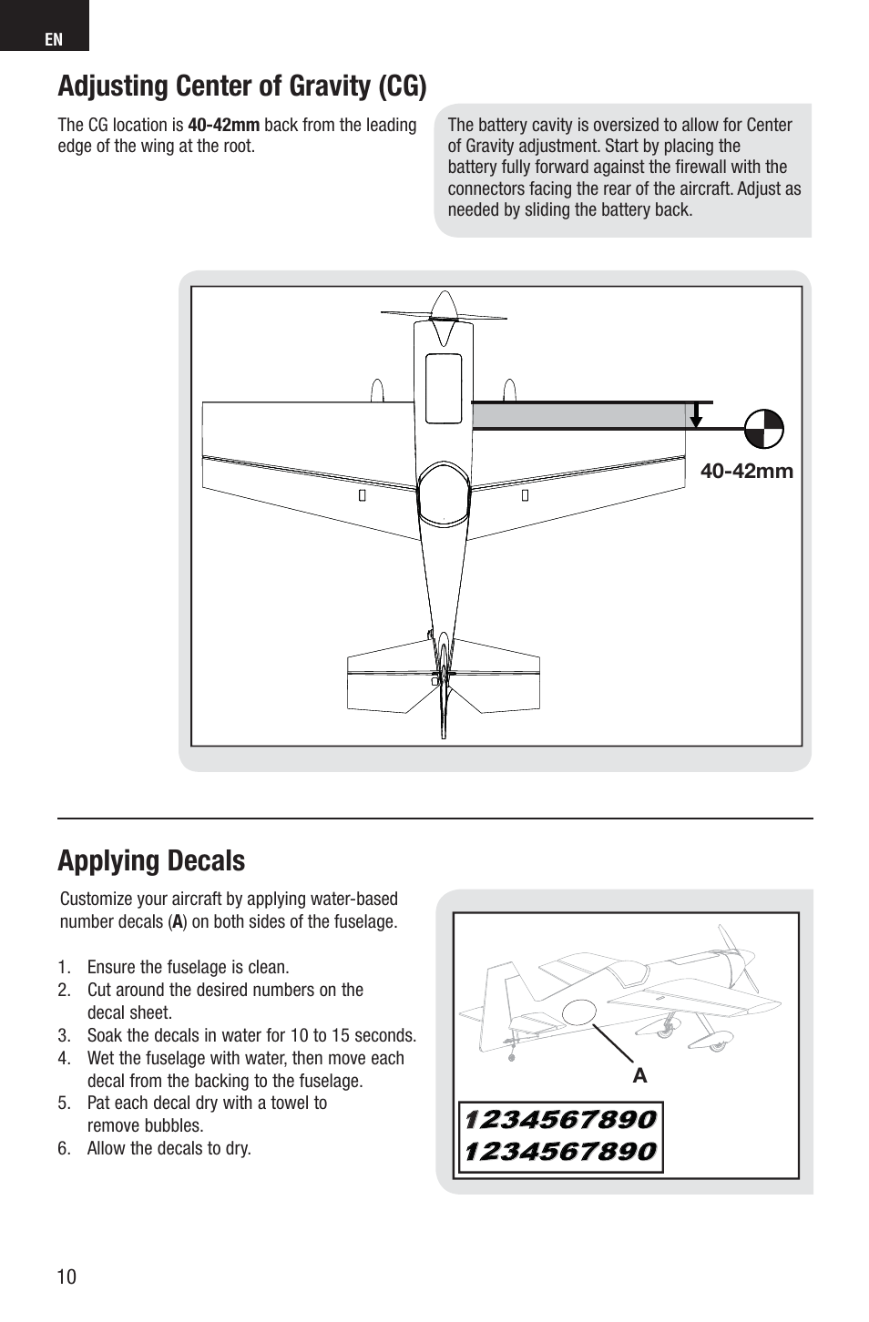 Adjusting center of gravity (cg), Applying decals | E-flite Edge 540QQ 280 BNF Basic User Manual | Page 10 / 19