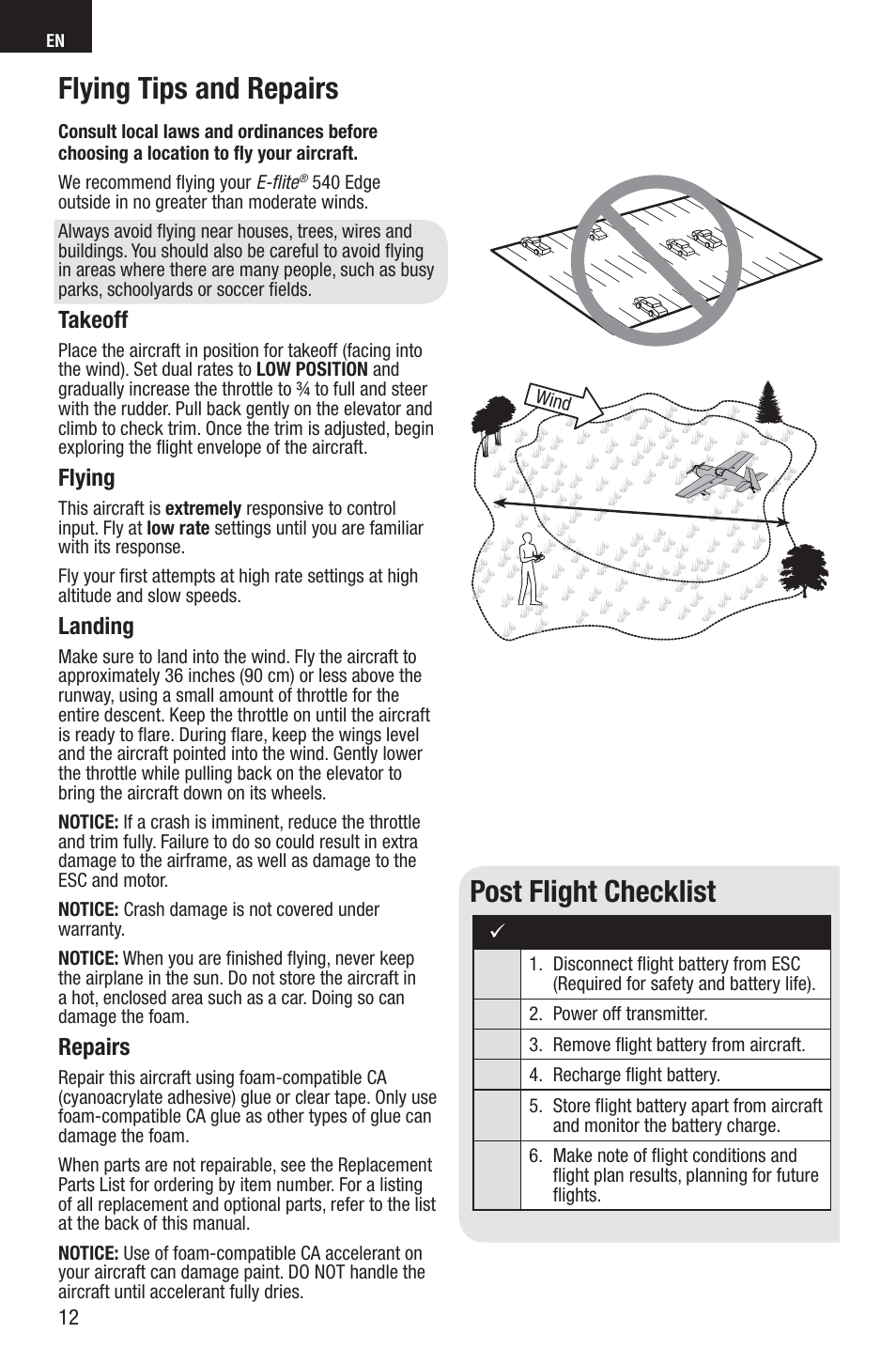 Flying tips and repairs, Post flight checklist, Takeoff | Flying, Landing, Repairs | E-flite Edge 540QQ 280 BNF Basic User Manual | Page 12 / 19