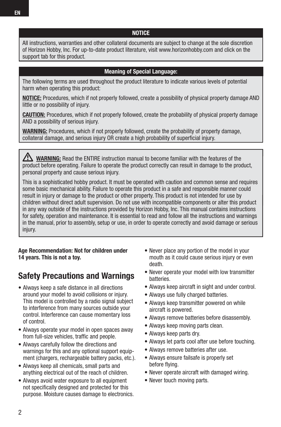 Safety precautions and warnings | E-flite Edge 540QQ 280 BNF Basic User Manual | Page 2 / 19