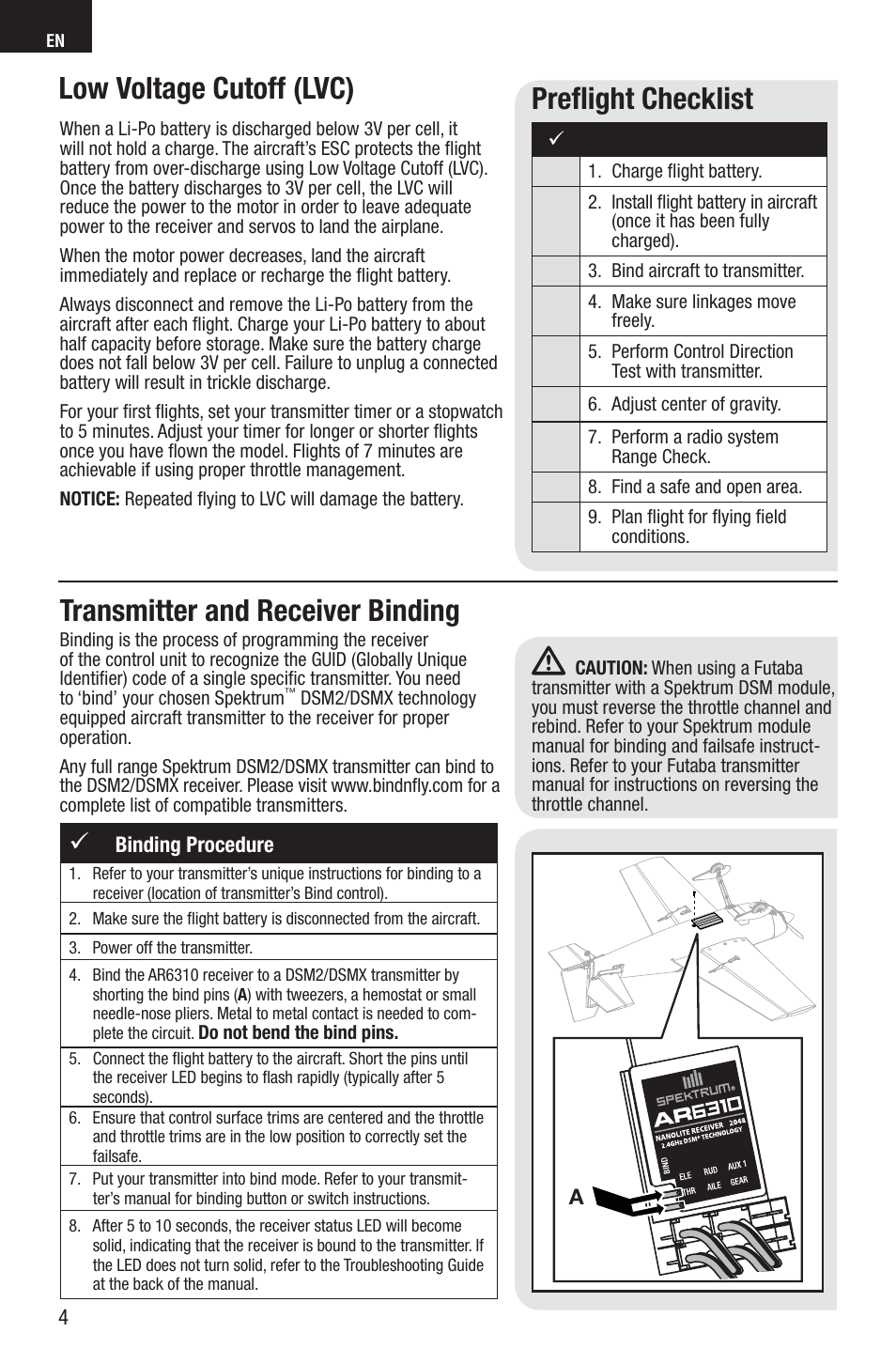 Preﬂ ight checklist, Low voltage cutoff (lvc), Transmitter and receiver binding | E-flite Edge 540QQ 280 BNF Basic User Manual | Page 4 / 19