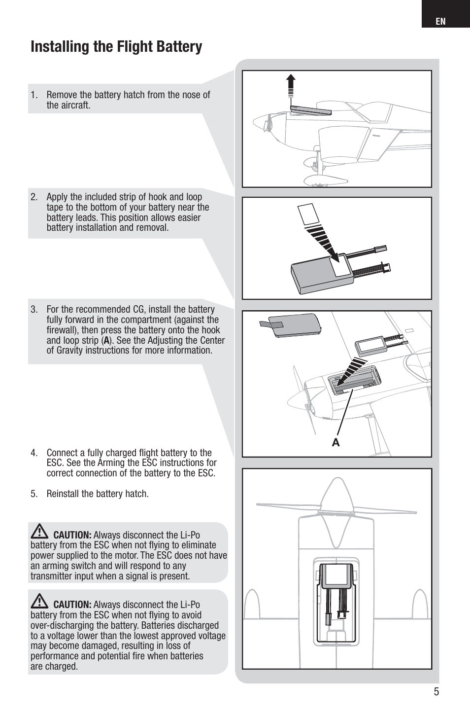Installing the flight battery | E-flite Edge 540QQ 280 BNF Basic User Manual | Page 5 / 19