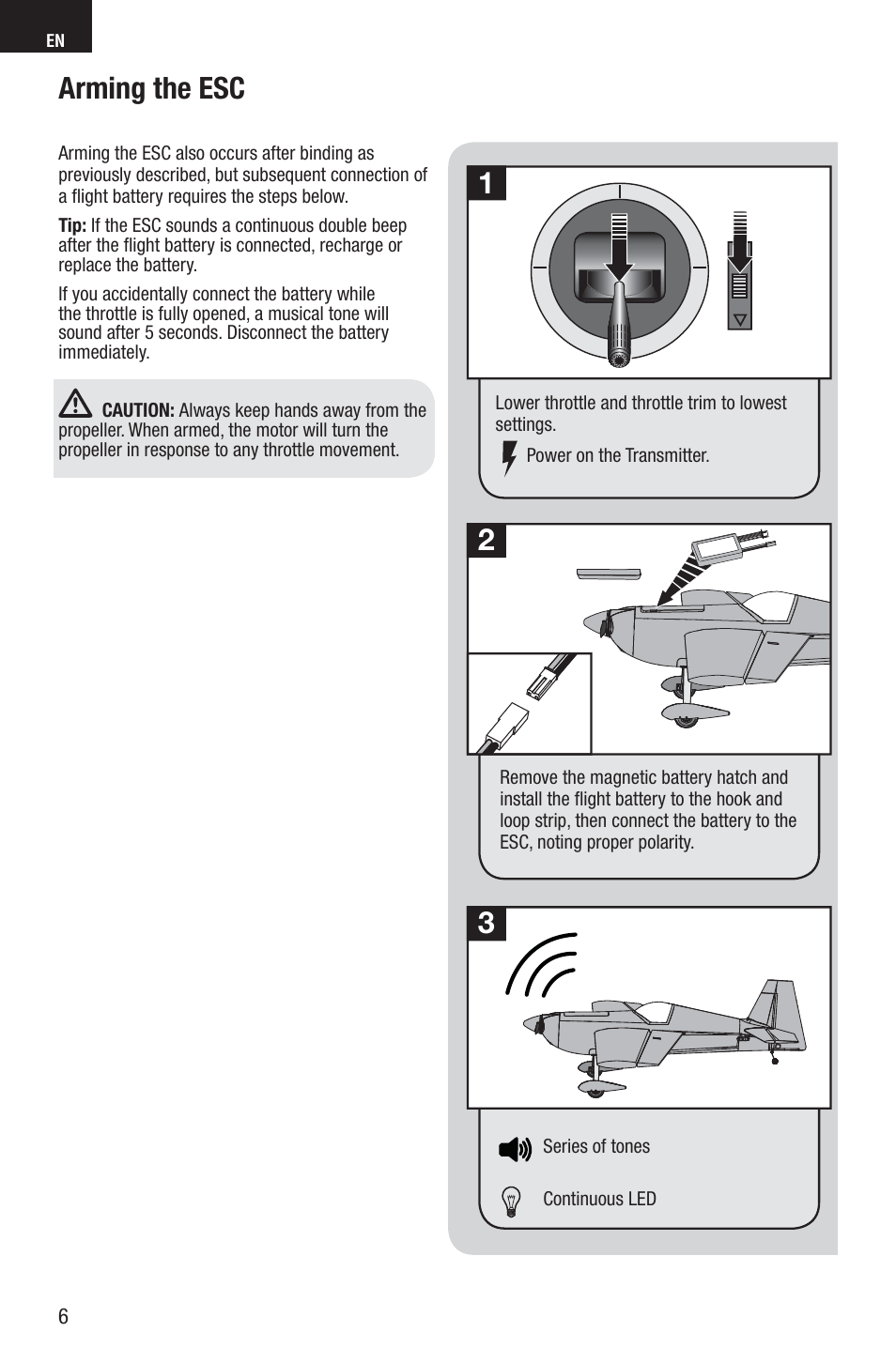 Arming the esc | E-flite Edge 540QQ 280 BNF Basic User Manual | Page 6 / 19