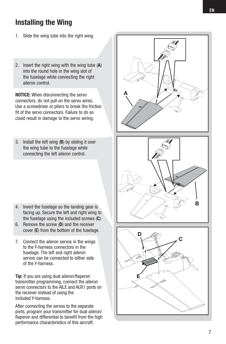 Installing the wing | E-flite Edge 540QQ 280 BNF Basic User Manual | Page 7 / 19