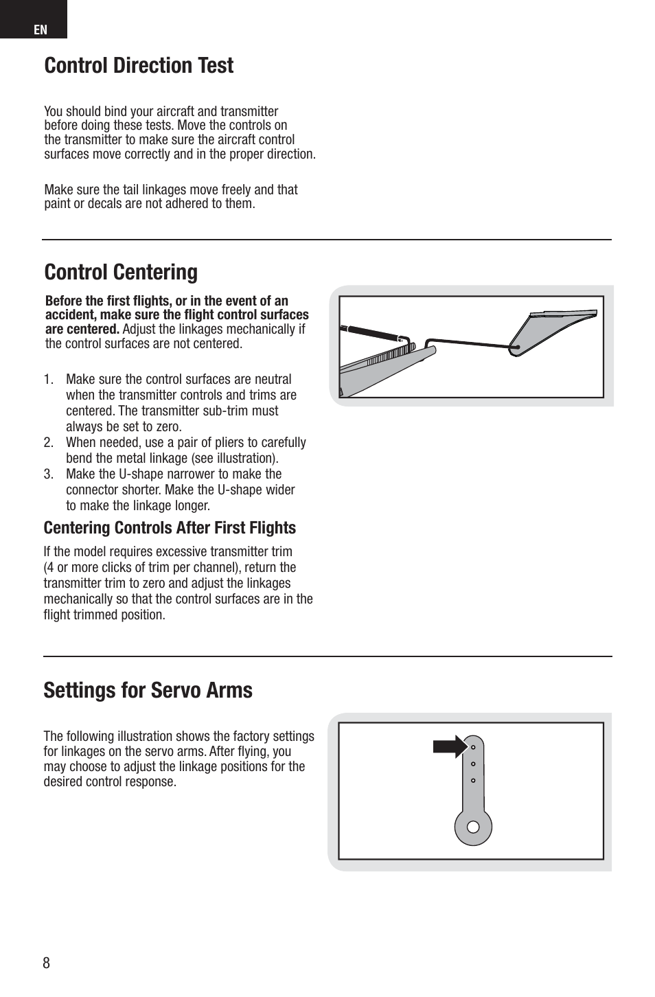 Control centering settings for servo arms, Control direction test | E-flite Edge 540QQ 280 BNF Basic User Manual | Page 8 / 19