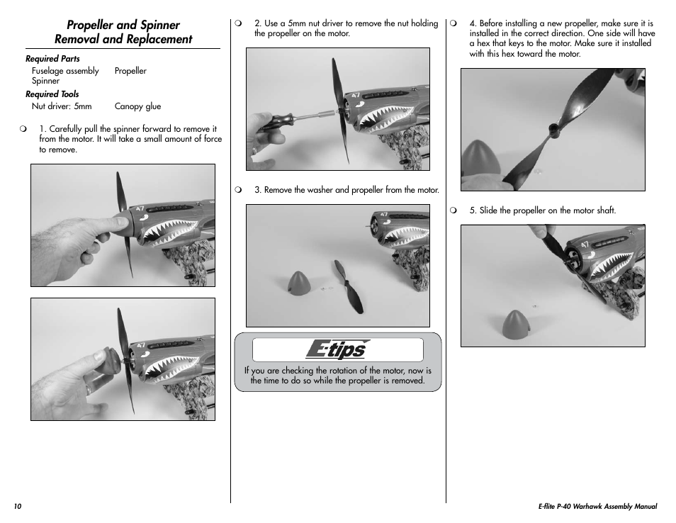 Propeller removal and replacement, Propeller and spinner removal and replacement | E-flite P-40 Warhawk 300 ARF User Manual | Page 10 / 20