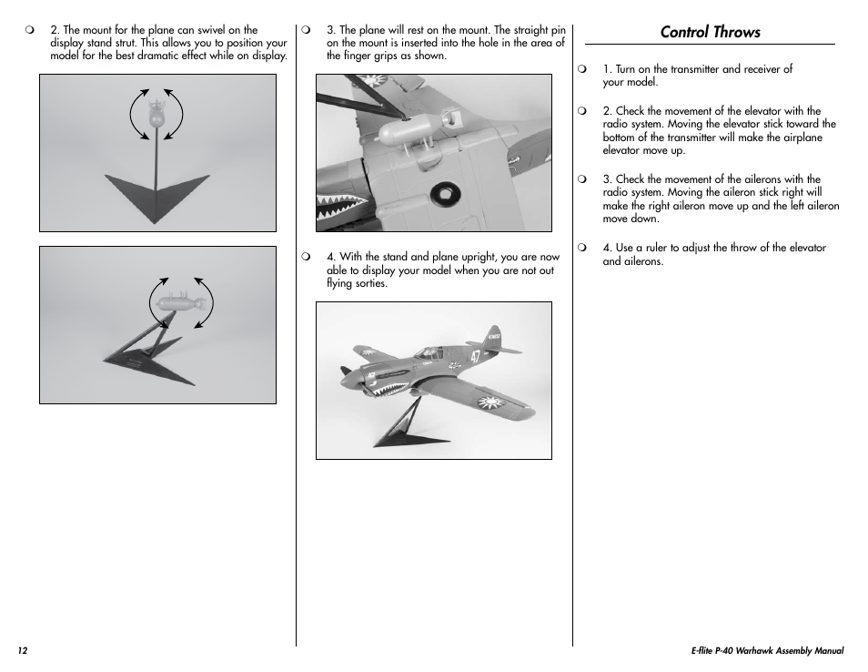 Control throws | E-flite P-40 Warhawk 300 ARF User Manual | Page 12 / 20