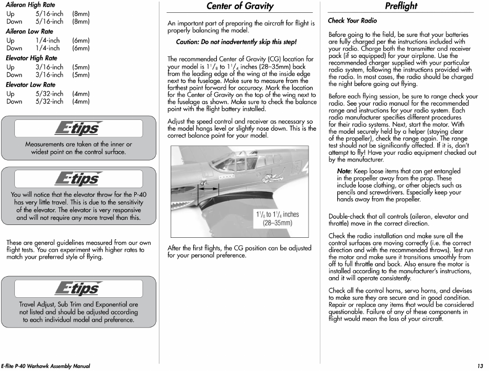 Center of gravity, Preflight | E-flite P-40 Warhawk 300 ARF User Manual | Page 13 / 20