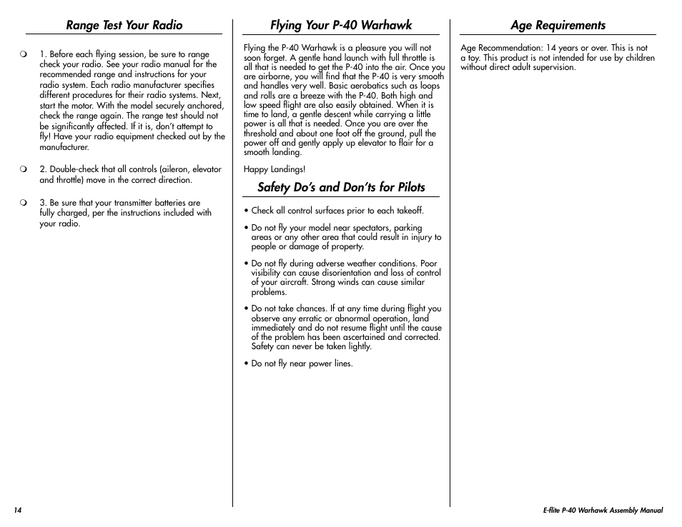 Range test your radio, Flying your p-40 warhawk, Safety do’s and don’ts for pilots | Age requirements | E-flite P-40 Warhawk 300 ARF User Manual | Page 14 / 20