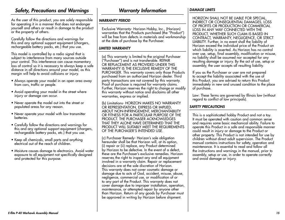 Safety, precautions and warnings, Warranty information | E-flite P-40 Warhawk 300 ARF User Manual | Page 15 / 20