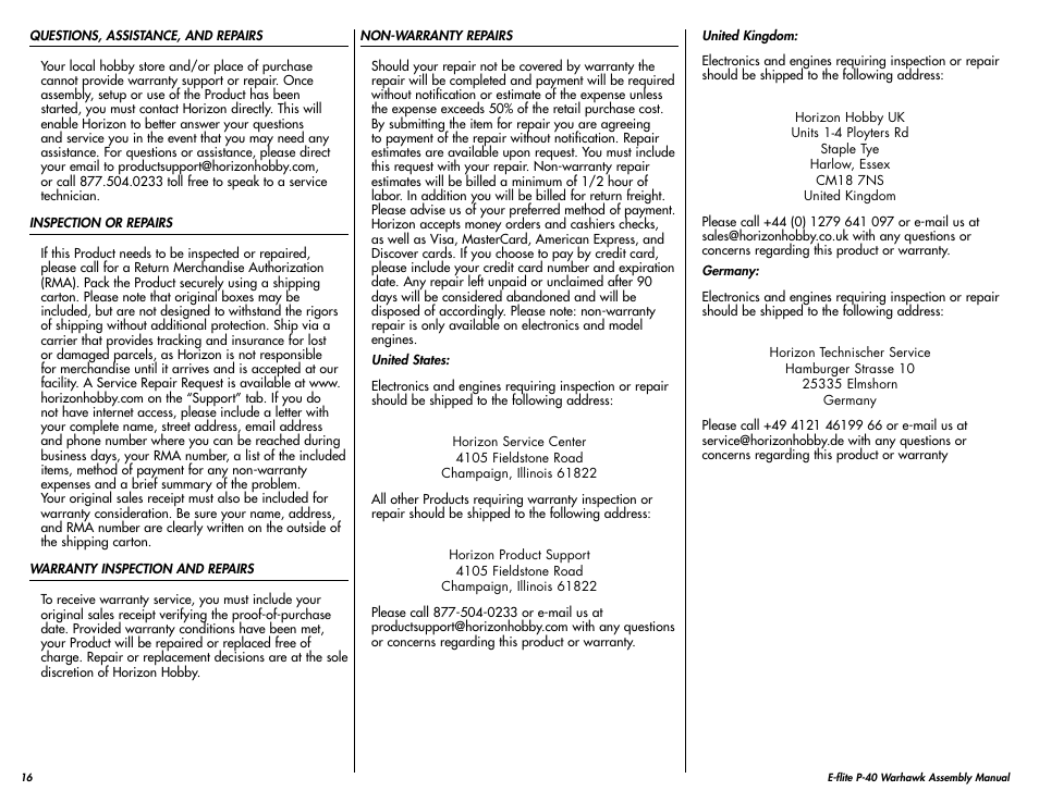 E-flite P-40 Warhawk 300 ARF User Manual | Page 16 / 20