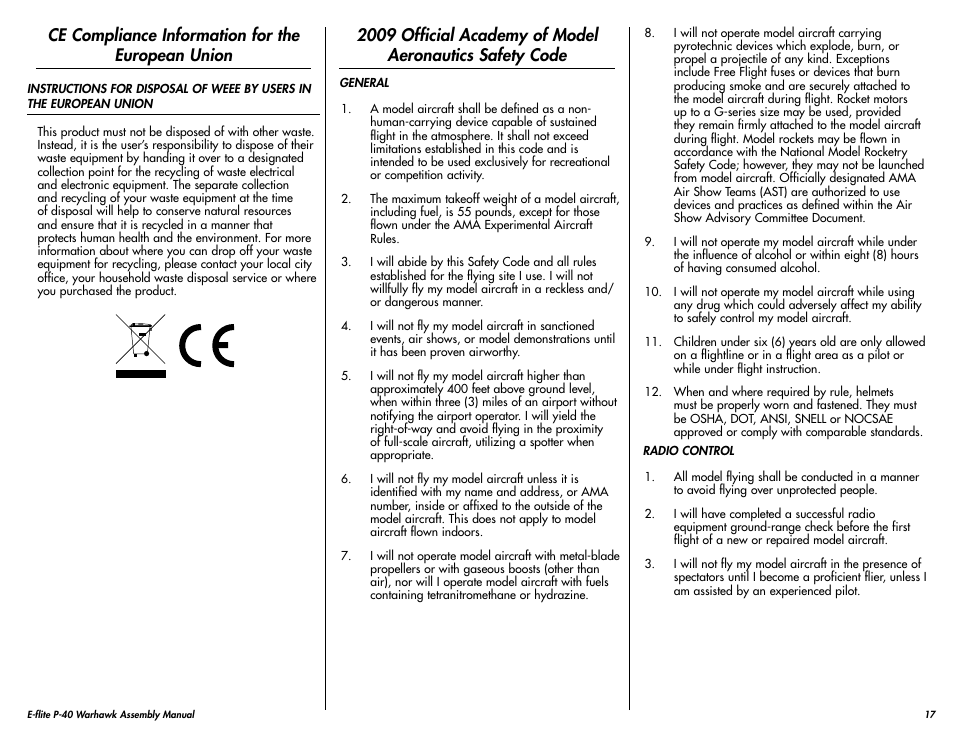 Ce compliance information for the european union | E-flite P-40 Warhawk 300 ARF User Manual | Page 17 / 20