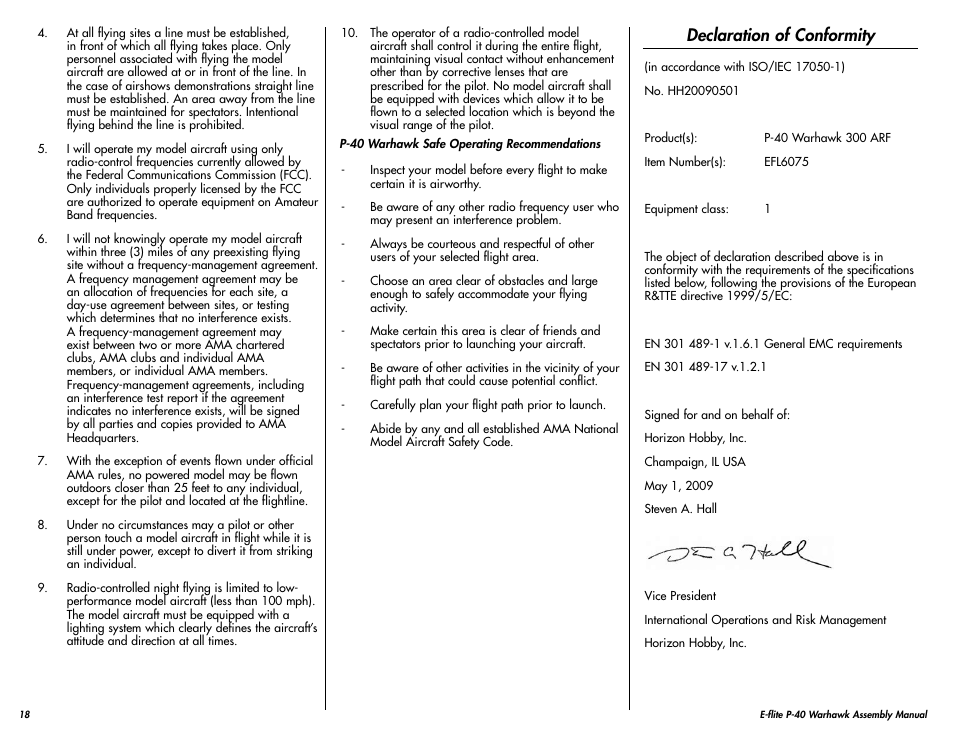 Declaration of conformity | E-flite P-40 Warhawk 300 ARF User Manual | Page 18 / 20